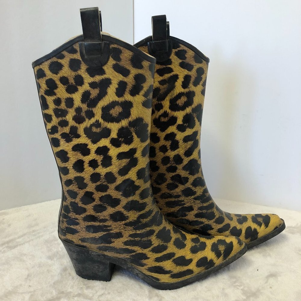 Corky's Western Cowgirl Leopard Cheetah Heeled Cowboy Rain Boots Size 7